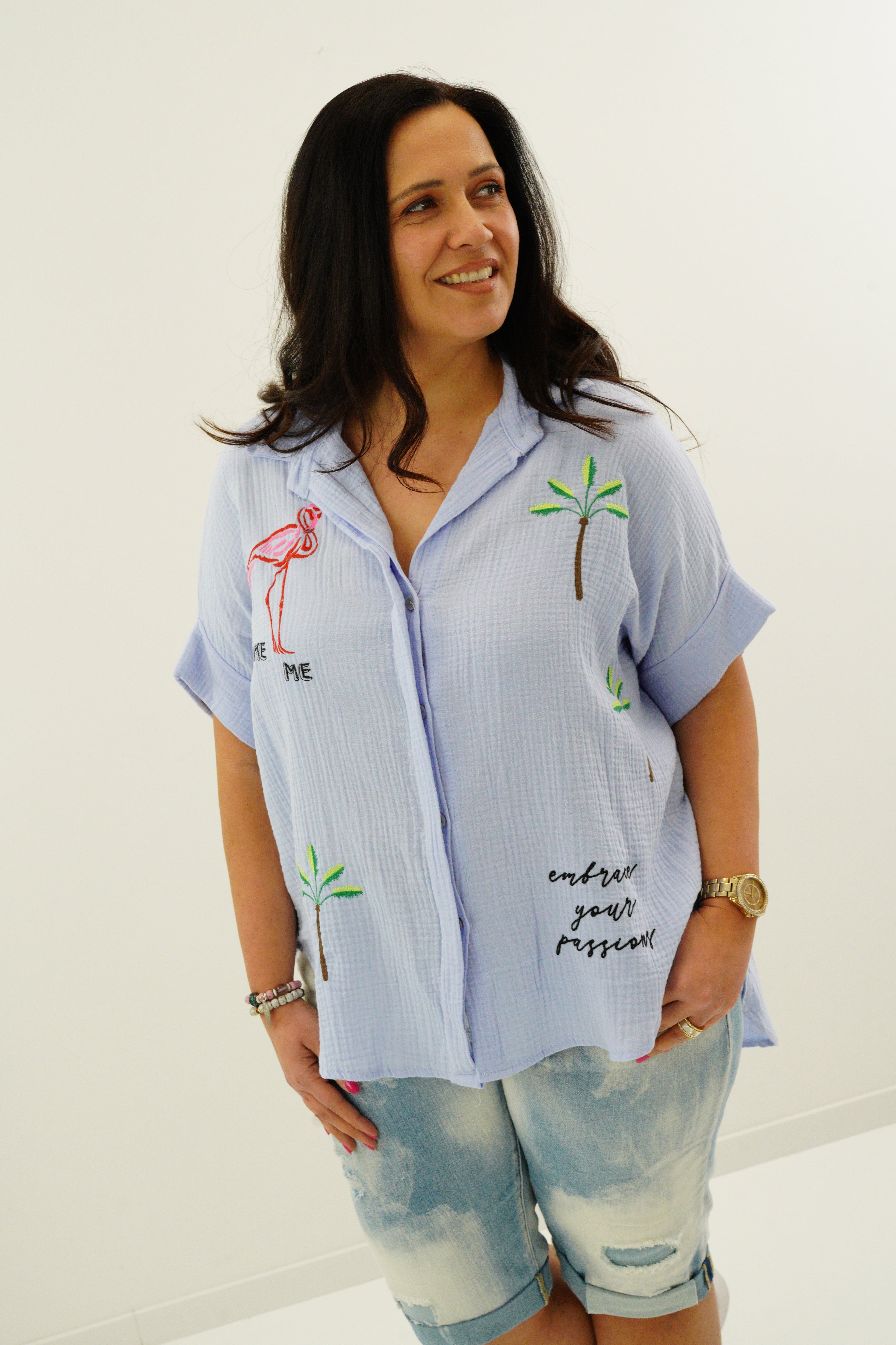 Mousselin Bluse "Flamingo" (42-46+) hellblau
