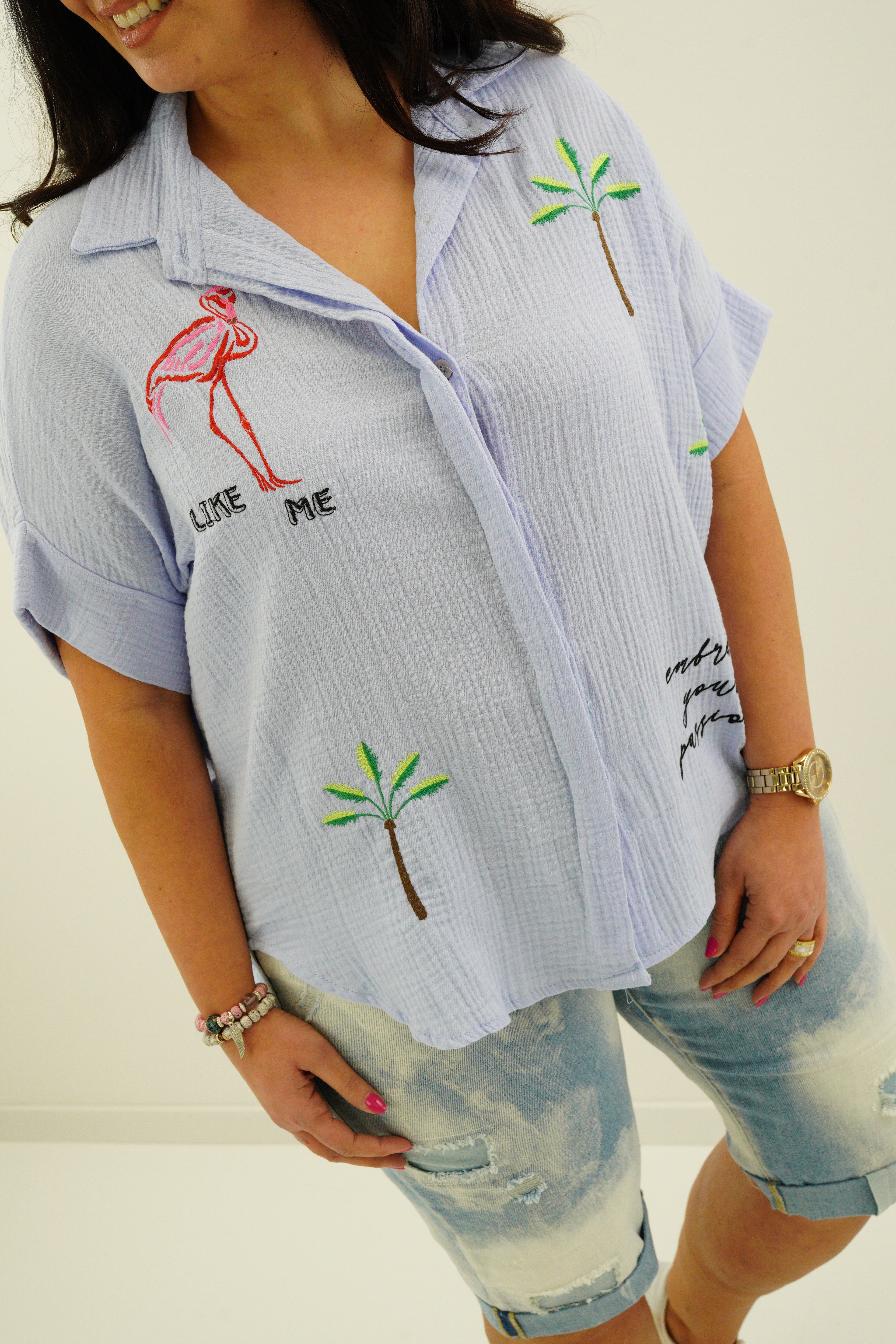 Mousselin Bluse "Flamingo" (42-46+) hellblau